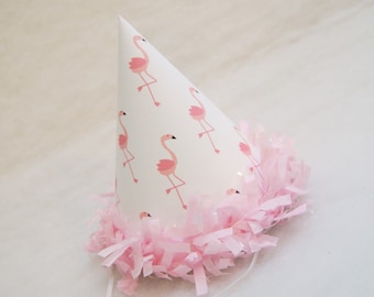 Pink Flamingo Party Hat - pink tissue fringe trim, flamingo birthday party