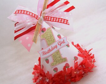 NEW Pink and Gold Strawberries Birthday Party Hat - berry sweet, strawberry shortcake birthday, berry first, sweet one, two-ti fruitti party