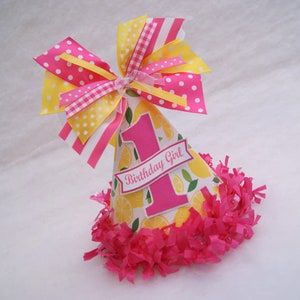 Hot Pink Lemonade Party Hat - Lemonade stand birthday party, pink lemonade, lemons, bright pink and yellow party