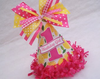 Hot Pink Lemonade Party Hat - Lemonade stand birthday party, pink lemonade, lemons, bright pink and yellow party