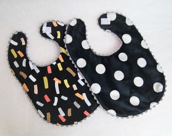 Baby bib set of two - Black and White minky dots, confetti print cotton