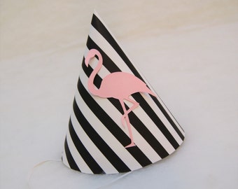 NEW Black & White Stripe Pink Flamingo Party Hat - flamingo birthday party, pool party, tropical party