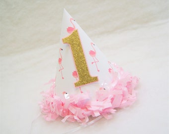 Pink Flamingo Party Hat with Gold Glitter Number - pink tissue fringe trim, flamingo birthday party, gold and pink party, lets flamingle