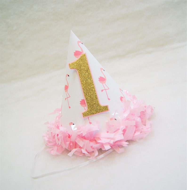 Pink Flamingo Party Hat with Gold Glitter Number pink tissue fringe trim, flamingo birthday party, gold and pink party, lets flamingle image 1