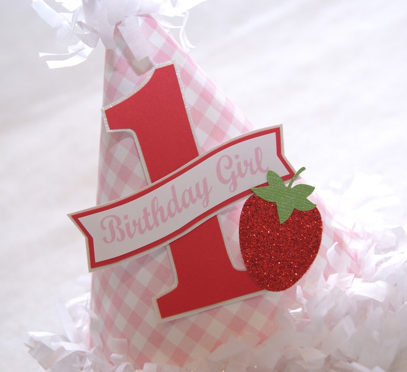 Gingham and Strawberries Birthday Party Hat pink and red strawberry shortcake birthday party image 2