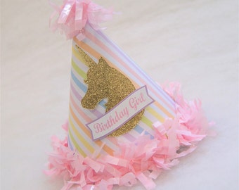 Pastel Rainbow Stripe and Gold Unicorn Birthday Party Hat with tissue fringe - rainbow party, unicorn birthday party, rainbow princess party