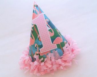 NEW Flamingo Tropical Party Hat with Pink Dot Number - pink tissue fringe trim, flamingo birthday party, lets flamingle