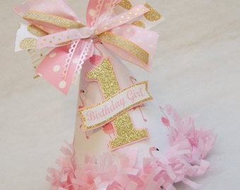 Pink Flamingo et Gold Glitter Birthday Party Hat - permet flamant rose, flamant rose, fête tropicale, fête de plage