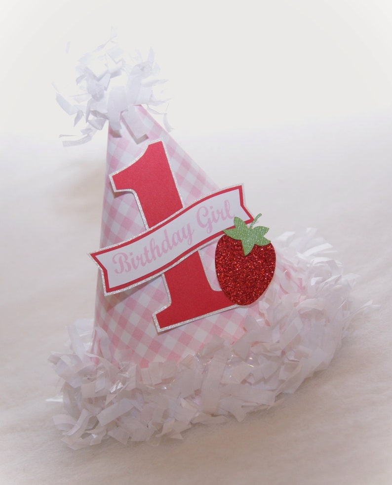 Gingham and Strawberries Birthday Party Hat pink and red strawberry shortcake birthday party image 1