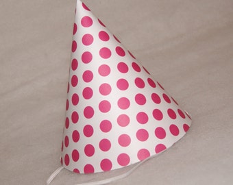 Simple Birthday Party Hat - White & Hot Pink Polka Dot