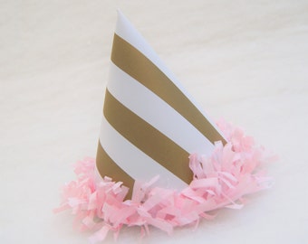 SAMPLE SALE!  Gold Stripe Birthday Party Hat with Pink Tissue Fringe Trim - Glam Party, Princess Party, Gold and Pink Party