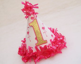 Pink Flamingo and Gold Glitter Birthday Party Hat with tissue fringe - flamingo birthday party, lets flamingle, pool party, tropical party