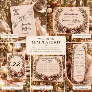 May include: A wedding template kit featuring a 12.7x17.8 cm invitation with a hand illustration, a 61x46 cm welcome sign, a 12.7x17.8 cm table number, a 61x46 cm seating chart, and a 10.2x22.9 cm program, all decorated with floral wreaths and text.