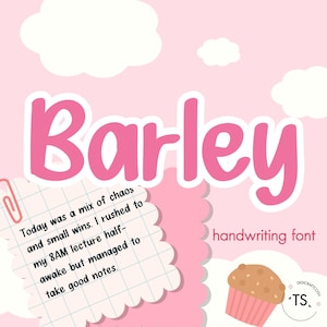 May include: Pink handwritten font called "Barley" with a pink and white cupcake illustration. The text says "Today was a mix of chaos and small wins. I rushed to my 8AM lecture half-awake but managed to take good notes."