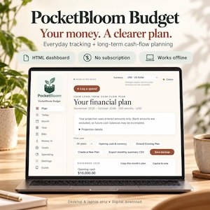 May include: A laptop screen displaying the PocketBloom Budget financial planning software. The interface shows a dashboard with tabs for plan, today, month, year, bills, money in, goals, spending, settings, and guide, with text including Your financial plan.