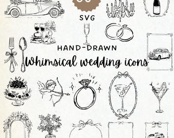 Whimsical Wedding SVG Clipart Bundle, Hand-Drawn Icons (Digital Download)