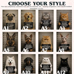 Pode incluir: Uma grade de doze retratos estilo ficha policial com vários cães e gatos segurando placas de departamento de polícia com texto humorístico. Cada animal está posicionado contra um fundo de escala de altura. O texto inclui frases como TP CRIME SPREE, BALL OBSESSION, PLANT ASSAULT, SILENT JUDGING, UNLICENSED INTERIOR DECORATOR, MAILMAN HARASSMENT, UNAUTHORIZED SCREAMING, PROFESSIONAL BEGGAR, SNACK BANDIT, MIDNIGHT ZOOMIES, GRAVITY EXPERIMENTS e DOORWAY BLOCKING.