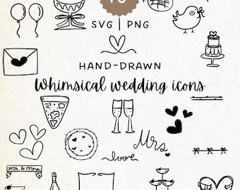48 Hand-Drawn Wedding Icons Bundle, Whimsical PNG SVG Clipart for Invitations and Commercial Use
