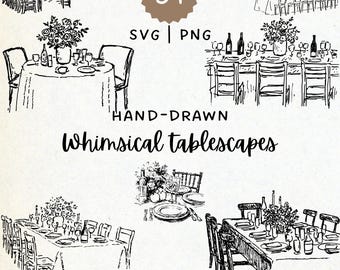 May include: Hand-drawn black and white illustrations of whimsical tablescapes. The image includes various table settings with floral arrangements, glassware, and place settings. The text includes "34 SVG | PNG" and "HAND-DRAWN Whimsical tablescapes."