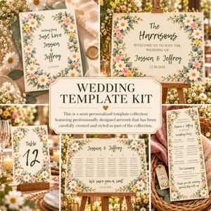 Paquete de plantillas para bodas Daisy: invitación floral verde salvia, cartel de bienvenida, plano de asientos, programa y números de mesa.