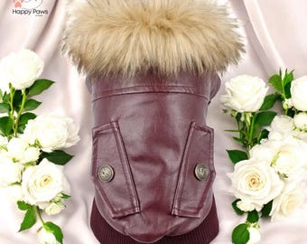 Faux Leather Dog Winter Coat – Fleece Lined, Fur Collar, Waterproof