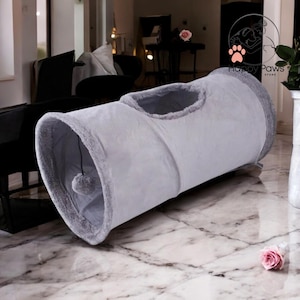 Túnel plegable para gatos para jugar en interiores, acogedor de gamuza sintética y piel, juguete interactivo para hacer ejercicio, escondite portátil para mascotas, perfecto para divertirse en invierno, duradero.