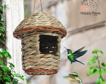 Handwoven Straw Birdhouse, Natural Hanging Bird Shelter