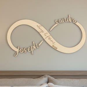 May include: Wooden infinity sign with the names "Joseph" and "Sandra" in cursive script. The words "always & forever" and the date "02.13.20" are also included. The sign is mounted on a neutral-colored wall.