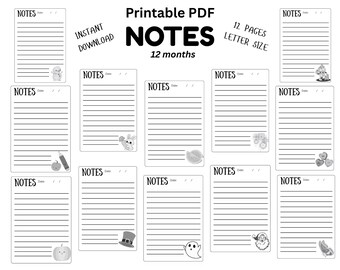 May include: A printable PDF with lined note pages. The word "NOTES" is at the top of each page. The image includes the text "INSTANT DOWNLOAD", "12 PAGES LETTER SIZE", and "12 months". Each page has a small graphic at the bottom.