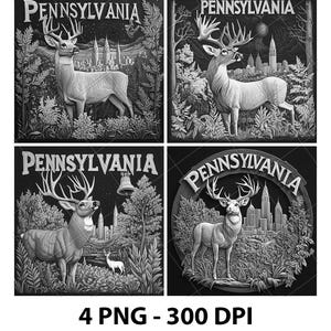 Pennsylvania USA Stag Deer Buck Laser Engraving File Slate PNG Coaster Etch Xtool Wood Burn Black White Cnc Glowforge LightBurn CO2 Diode