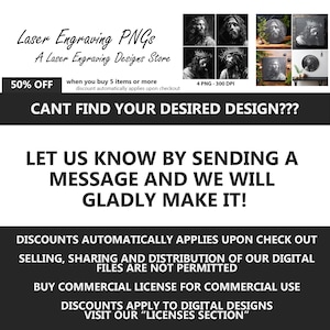 May include: A digital design store offering laser engraving PNGs of Jesus Christ. The image shows four different black and white images of Jesus. The text on the image reads "Laser Engraving PNGs, A Laser Engraving Designs Store, 50% OFF when you buy 5 items or more, discount automatically applies upon checkout, 4 PNG - 300 DPI, CANT FIND YOUR DESIRED DESIGN???, LET US KNOW BY SENDING A MESSAGE AND WE WILL GLADLY MAKE IT!, DISCOUNTS AUTOMATICALLY APPLIES UPON CHECK OUT, SELLING, SHARING AND DISTRIBUTION OF OUR DIGITAL FILES ARE NOT PERMITTED, BUY COMMERCIAL LICENSE FOR COMMERCIAL USE, DISCOUNTS APPLY TO DIGITAL DESIGNS, VISIT OUR "LICENSES SECTION""
