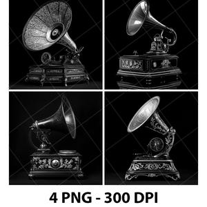 May include: A black and white image featuring four antique gramophones. Each gramophone has a large, ornate horn and a detailed base. The image includes the text "4 PNG - 300 DPI".
