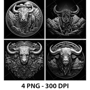 Op de afbeelding: Vier grijstinten illustraties van een stier, elk met een ander ontwerp. De afbeeldingen tonen gedetailleerde afbeeldingen van de kop en het lichaam van het dier, tegen verschillende achtergronden, waaronder bergen en decoratieve frames. De tekst "4 PNG - 300 DPI" staat onderaan.
