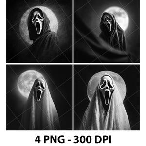 May include: A black and white collage featuring four images of the Ghostface mask from the Scream horror film series. Each image shows the mask against a dark background with a full moon. The text "4 PNG - 300 DPI" is at the bottom.