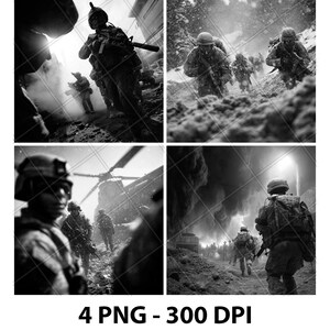 Op de afbeelding: Een zwart-wit collage van vier afbeeldingen die soldaten in een oorlogssituatie tonen. De afbeeldingen tonen soldaten in gevecht, rennend door sneeuw en in de buurt van een helikopter. De tekst "4 PNG - 300 DPI" staat onderaan.