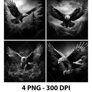 May include: Four black and white images of a bald eagle in flight against a dark, cloudy sky. The eagle is in a dramatic pose with its wings spread wide. The background is a blurry forest or mountain scene.