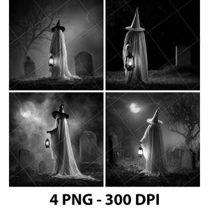 May include: A grayscale image featuring four panels of a cloaked figure in a witch's hat, holding a lantern in a graveyard setting. The text "4 PNG - 300 DPI" is at the bottom. The scene is illuminated by moonlight.