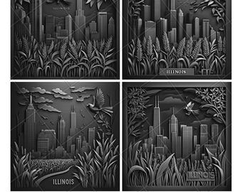 Illinois US State Chicago Willis Tower Laser Engraving File Slate PNG Coaster Etch Xtool Wood Burn Black White Cnc Glowforge LightBurn CO2