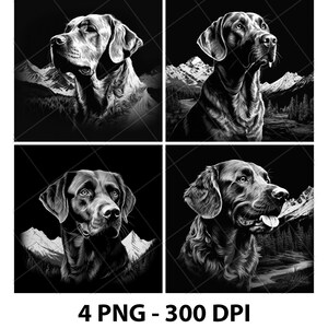 May include: Four black and white digital illustrations of Labrador Retriever dogs. Each dog is depicted in profile with a mountain range in the background.