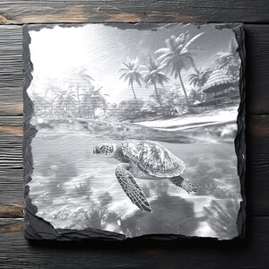 May include: A black and white photo of a sea turtle swimming in the ocean. The turtle is in the foreground, and the background shows a beach with palm trees.