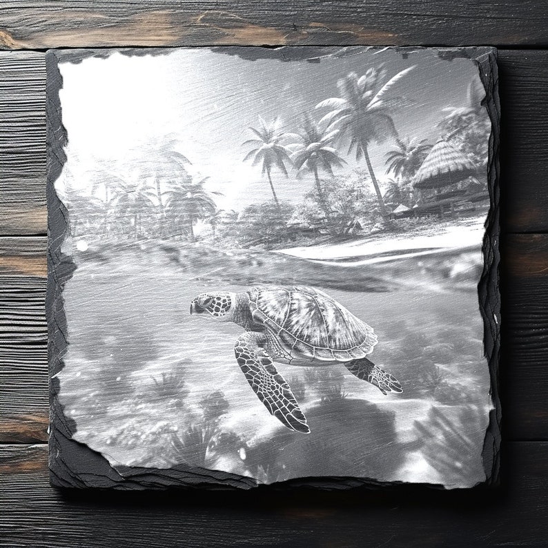 May include: A black and white photo of a sea turtle swimming in the ocean. The turtle is in the foreground, and the background shows a beach with palm trees.