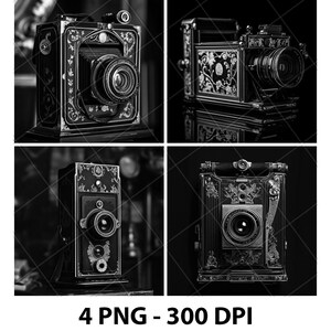 May include: Four vintage cameras with intricate details and ornate designs. Each camera is black with gold accents and features a lens with a circular aperture. The cameras are arranged in a grid pattern against a black background.