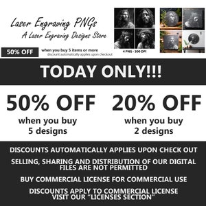May include: A black and white graphic design advertises a sale on laser engraving designs. The ad features a 50% off discount for purchases of 5 designs and a 20% off discount for purchases of 2 designs. The ad also includes the text "TODAY ONLY!!!" and "DISCOUNTS AUTOMATICALLY APPLIES UPON CHECK OUT".