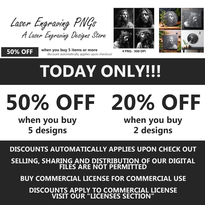 May include: A black and white graphic design advertises a sale on laser engraving designs. The ad features a 50% off discount for purchases of 5 designs and a 20% off discount for purchases of 2 designs. The ad also includes the text "TODAY ONLY!!!" and "DISCOUNTS AUTOMATICALLY APPLIES UPON CHECK OUT".