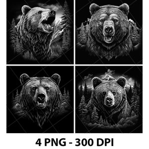 May include: Four black and white digital illustrations of a bear's head in a forest setting. Each image features a different pose of the bear, with the background showing trees and mountains.