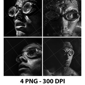 May include: Four black and white photos of people wearing swimming goggles. The photos are cropped to show only the face and upper chest of each person. The people are all looking at the camera.