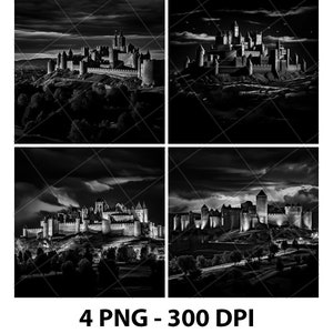 Città di Carcassonne PNG File di incisione laser Ardesia Illusion CNC Legno Nero Bianco Sottobicchiere CO2 S1 Xtool Pattern Etch Glowforge Stl Scala di grigi