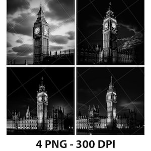 Può includere: Una fotografia in bianco e nero di Big Ben e delle Case del Parlamento a Londra, in Inghilterra. La torre dell'orologio è illuminata e l'edificio è in silhouette contro il cielo notturno.