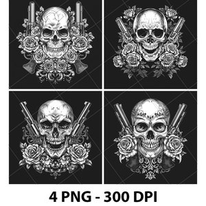 Puede incluir: Cuatro ilustraciones digitales en blanco y negro de cráneos con rosas y pistolas cruzadas. Cada cráneo tiene una expresión y un diseño diferente.