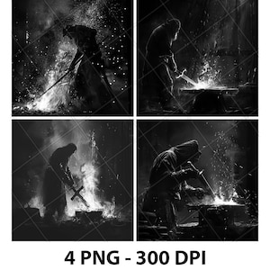 May include: Four black and white images of a person forging a sword in a dark, smoky environment. The person is wearing a hooded cloak and is using a hammer to strike the metal. Sparks are flying from the metal as it is being heated.